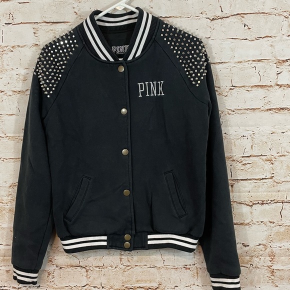 Victorias Secret Pink black varsity coat small Bomber STUDS Bling snap jacket - Picture 1 of 8